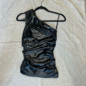 shimmery silver , one shoulder scrunched up shirt. H&M